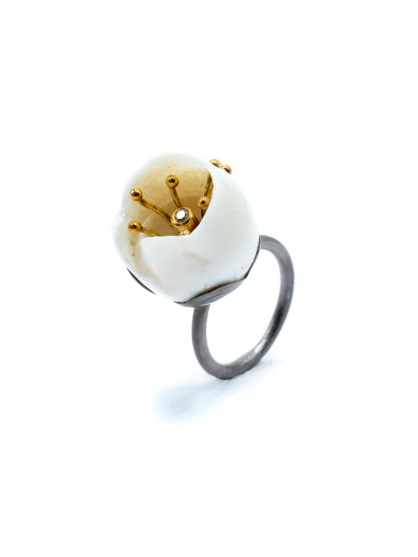 Shell Ring- Silver With Yellow Gold & Brown Diamonds